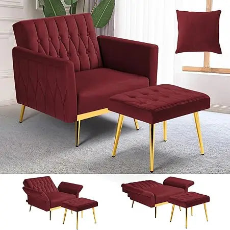 Upholstered Reclining Chair/Ottoman with Adjustable Armrests and Back, Button-Tufted Relaxation Seat