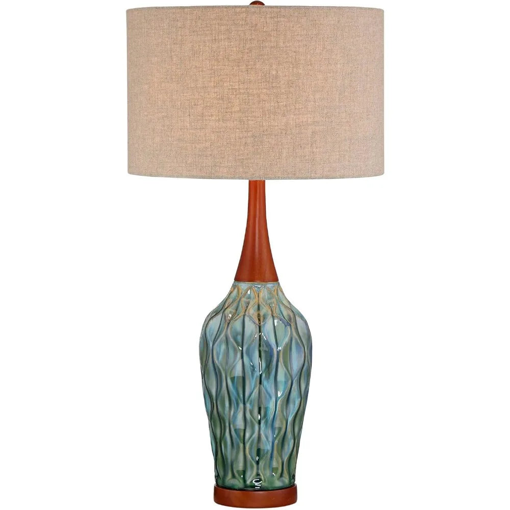 360 Lighting Rocco Mid Century Modern Table Lamp 30" Tall Ceramic Blue Teal Glaze Wood Handmade Linen Drum Shade