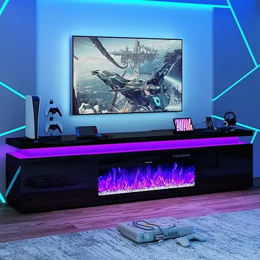 Fireplace TV Stand for 80" TV, 71" LED TV Stand with 40" Electric Fireplace & Power Outlet, High Gloss Surface, 2 Storage Cabinets
