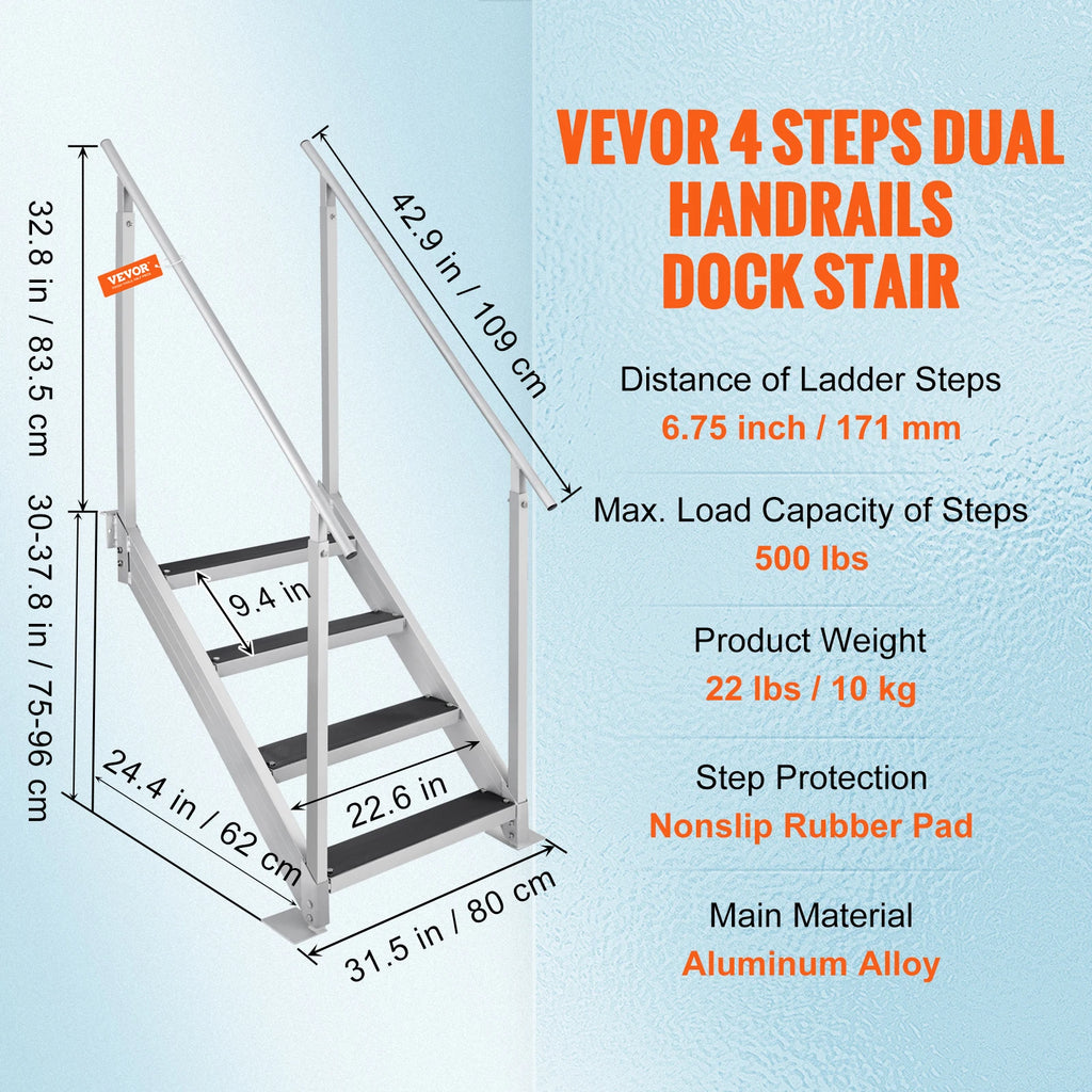 4/6 Step Dual Handrails Dock Ladder Aluminum with Rubber Mat 30"-39"/ Adjustable Height for Lake, Marine Boarding ,Pool