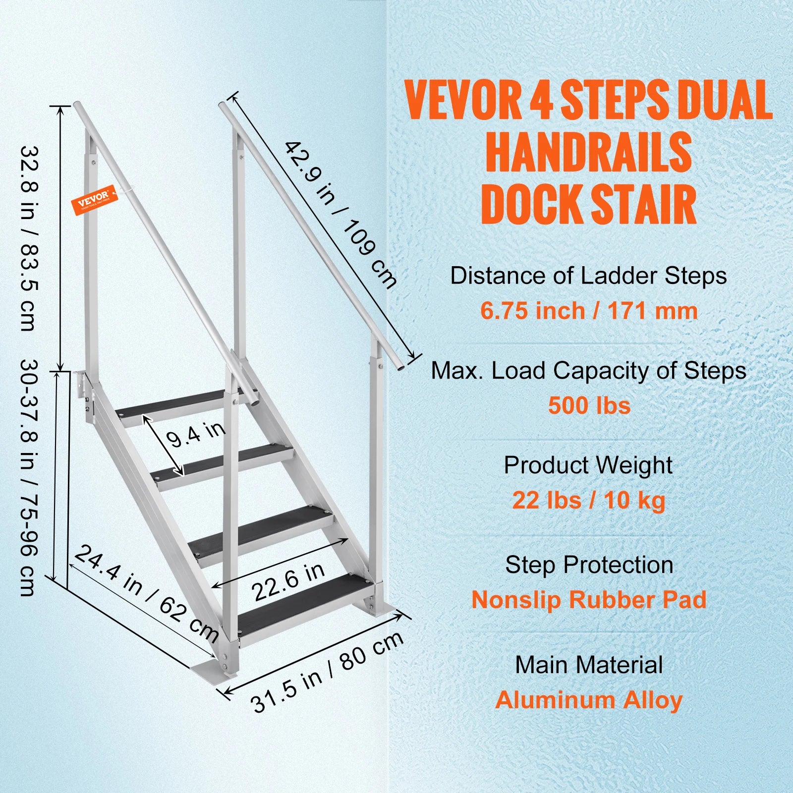 4/6 Step Dual Handrails Dock Ladder Aluminum with Rubber Mat 30"-39"/ Adjustable Height for Lake, Marine Boarding ,Pool