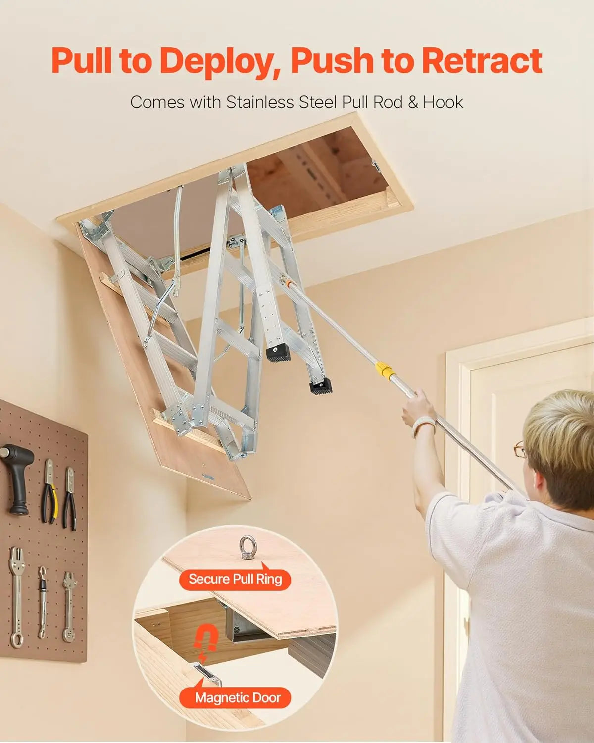 Adjustable Height Multi-Purpose Foldable Aluminum Attic Ladder with 375LBS/170KG Capacity, 9.8 to 10.3 ft/3 to 3.13 m Range