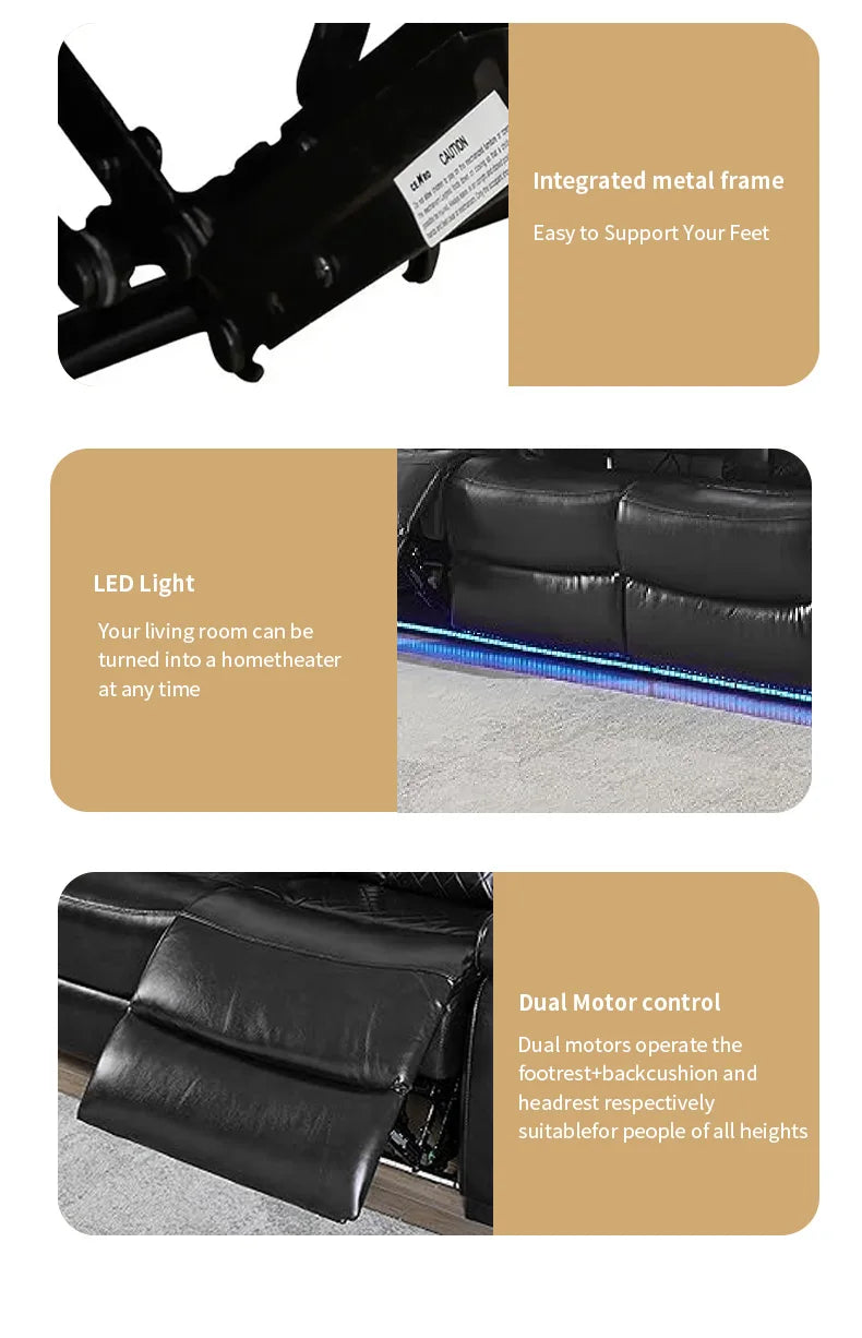 Power Reclining Sofa Couch with Wireless Charger/ 3 Seater Recliner/Reading Light Leather/ Bluetooth Speaker/ Theater Seating LED