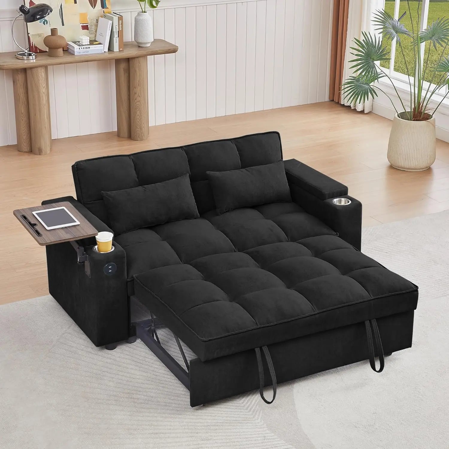 65-inch 3-in-1 Folding Sofa Bed with Pullout Function, Modern Chenille Fabric, 360-Degree Swivel Side Table