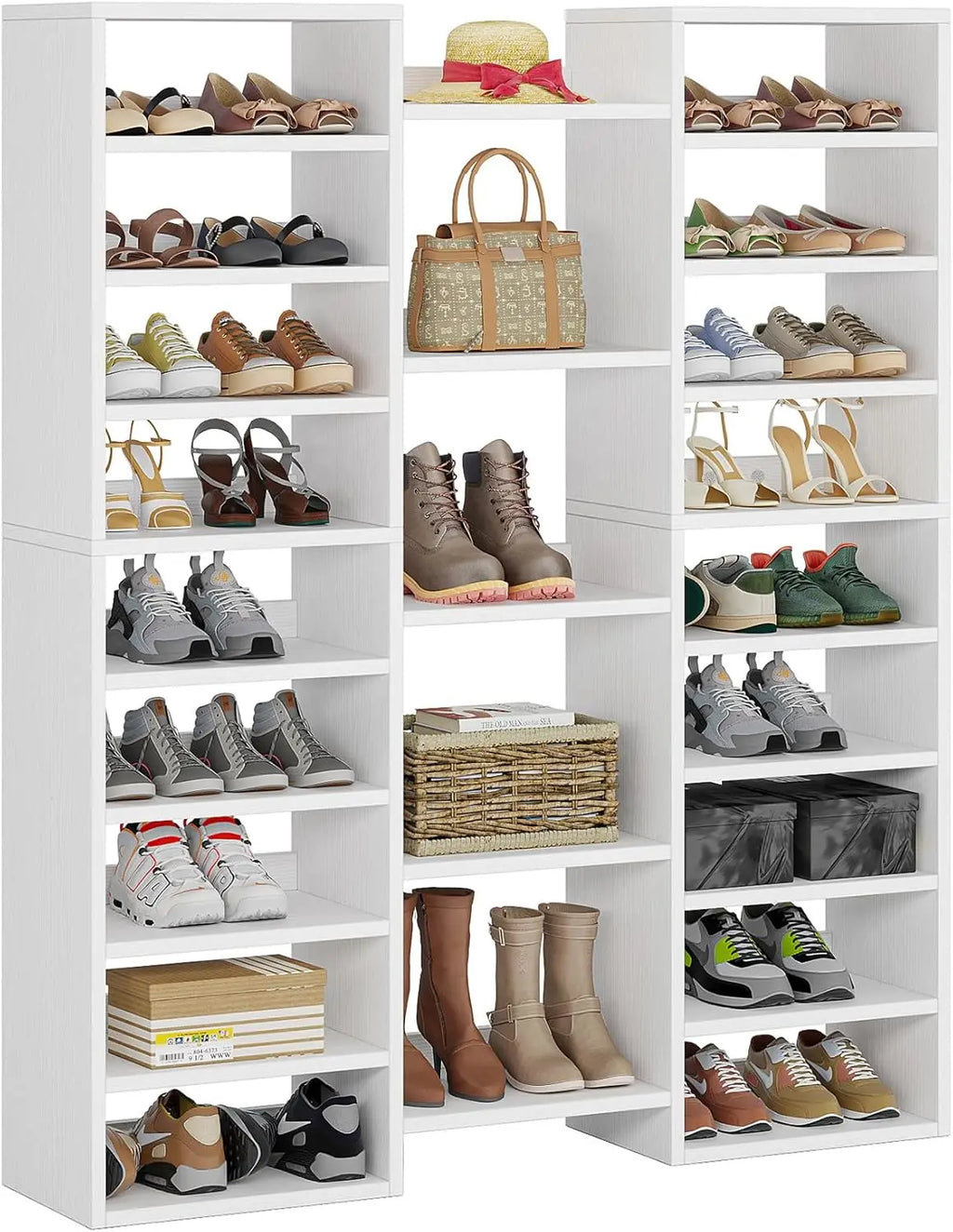 14 Tier Shoe Storage Cabinet, 46 Pair Wooden Shoe Rack Organizer with 22 Open Cubbies for Closet/ Hallway/ Bedroom