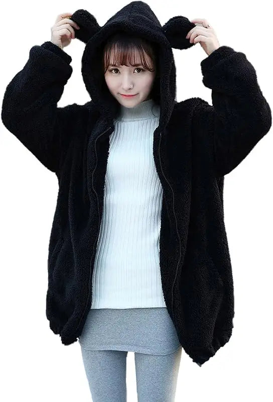 Fluffy Kawaii Bunny/Bear Hoodie Ears&Tail Animal Top/ Cute Rabbit Zip Jacket Winter Women/ Girl Sweet Sweater Coat