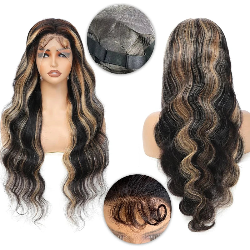 32Inch #1B/27 13x6 Balayage Highlight Ombre Body Wave Lace Front Wigs Human Hair 200 Density Honey Blonde Colored Lace Front Wig