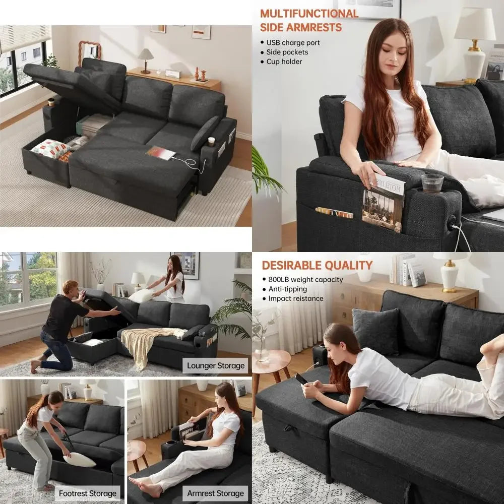 Dark Gray L-Shaped Sofa/ Bed with Storage Chaise, USB ports, and Cup Holders