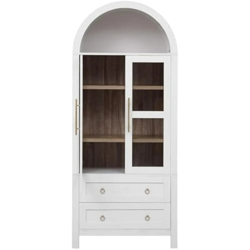 71" Tall Arched Farmhouse Style Cabinet with Glass Doors and Two Large Drawers - Adjustable Shelves for Modern Kitchen