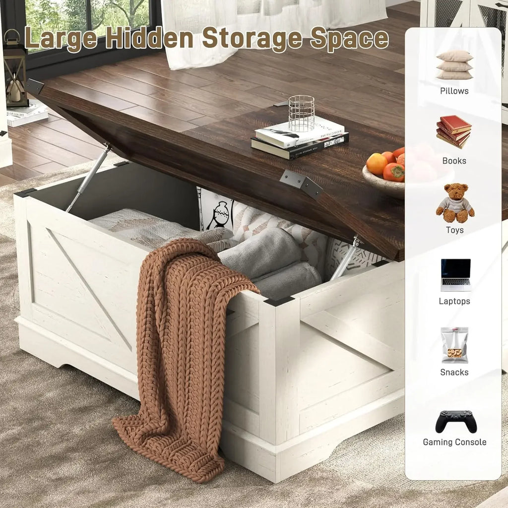 40” Large Farmhouse Lift Top Coffee Table with Power Outlets and Large Hidden Storage, Square Wood Living/Room Tables