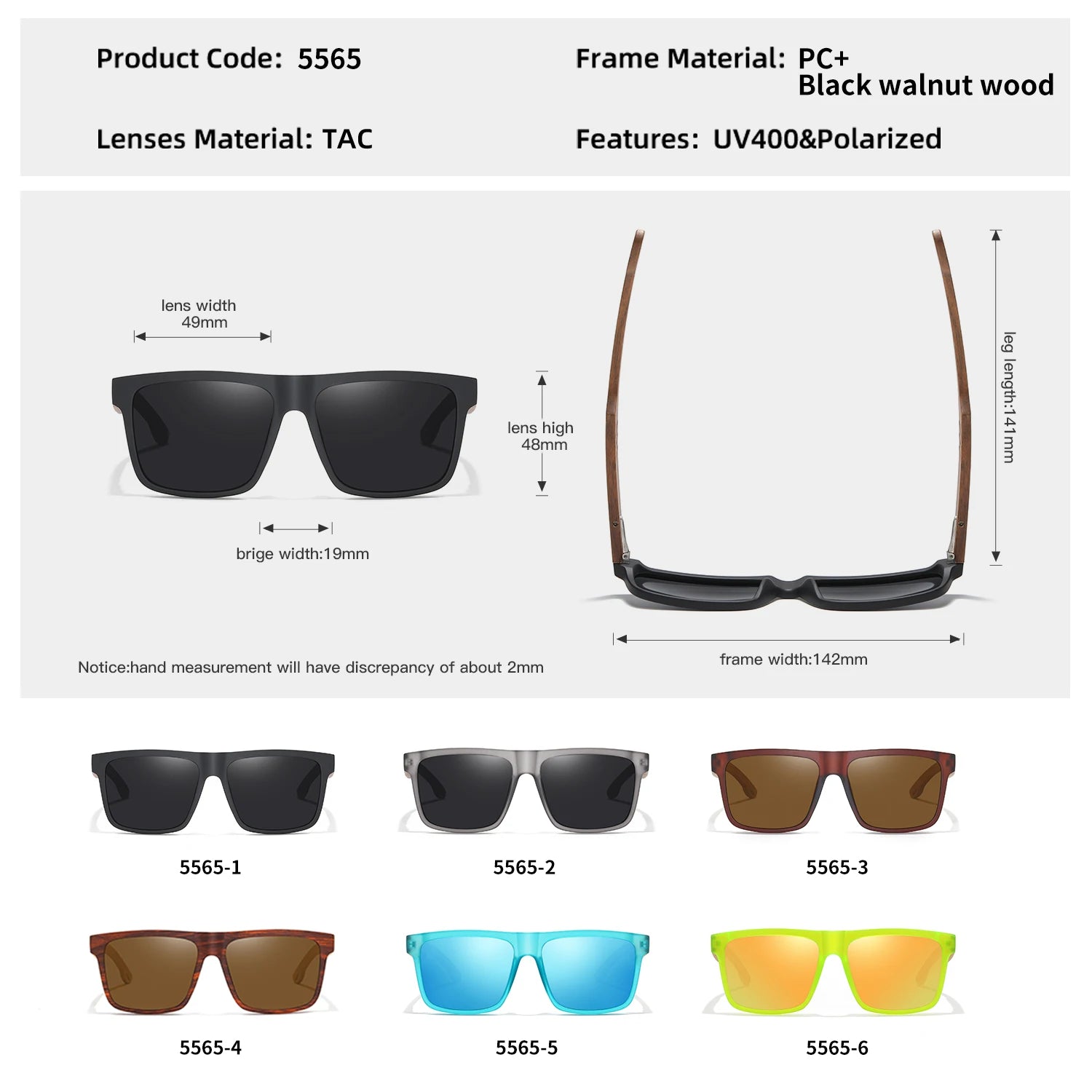 GM New Arrivals Black Wooden Polarized Sunglasses for Men Bamboo Sunglasses Red UV400 Lenses Fashion Driving Shades S5565