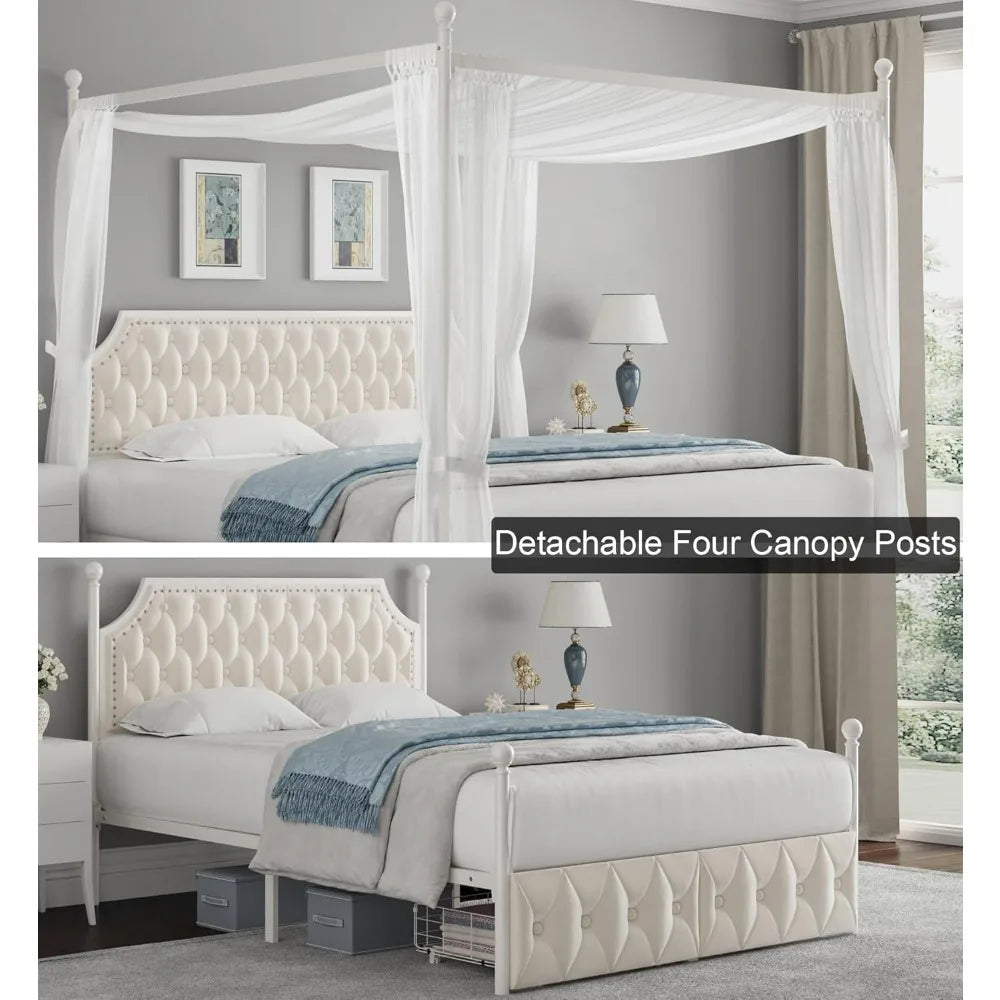 Queen Size Button Tufted Canopy Bed Frame with Storage Drawers and Metal Platform Base