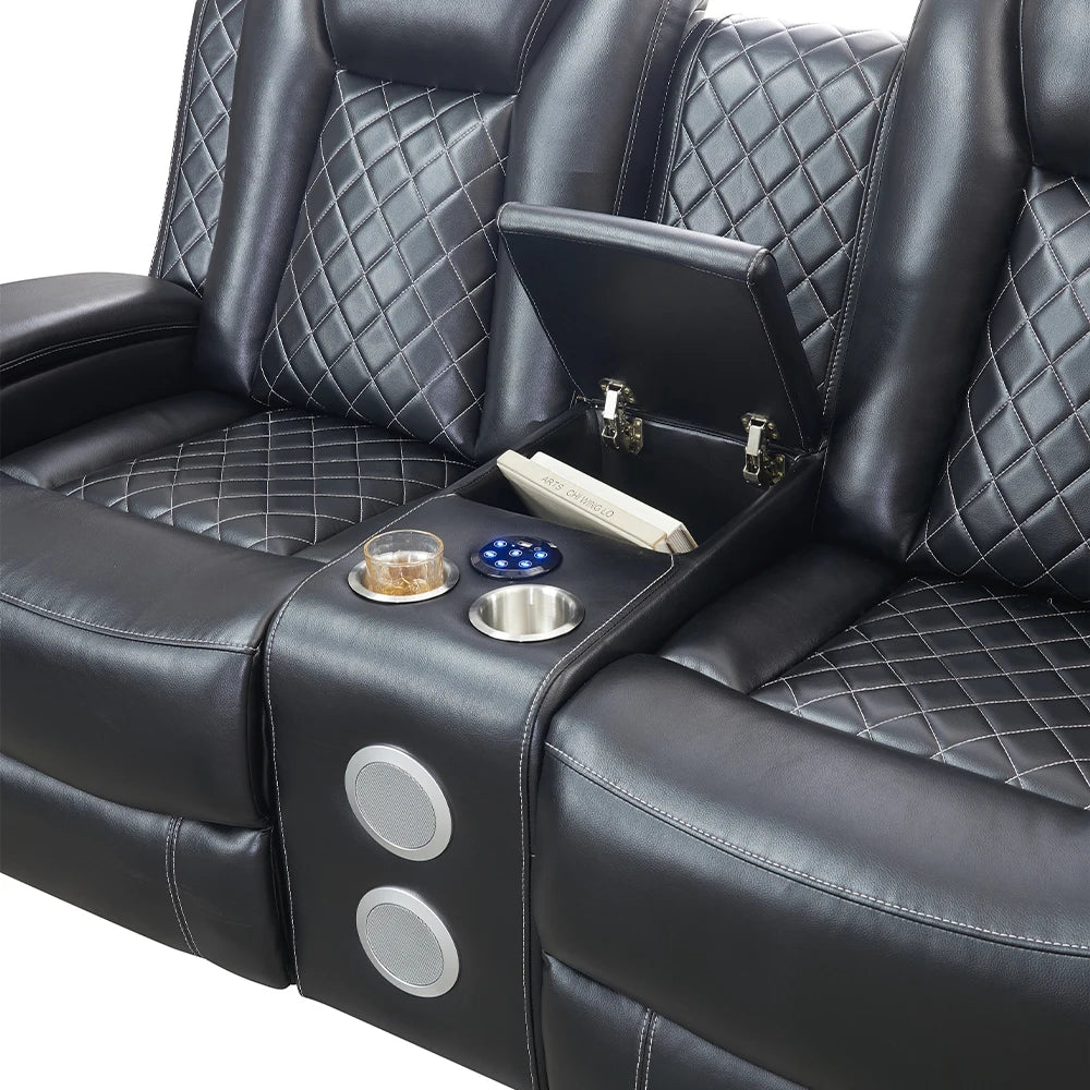 Power Reclining Sofa Couch with Wireless Charger/ 3 Seater Recliner/Reading Light Leather/ Bluetooth Speaker/ Theater Seating LED
