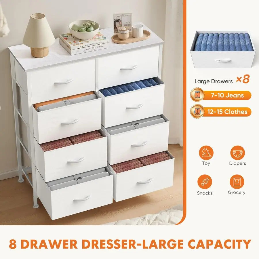 Dresser for Bedroom with 8 Drawers, AntiTip Tall Fabric Chests Storage Organizer Tower Furniture with Wooden Top Metal Frame fo