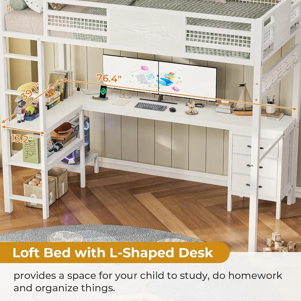 Loft Bed Twin Size with L-Shaped Desk, LED Lights, Charging Station, Twin Metal Loft Bed Frame with Fabric Drawers & Shelves
