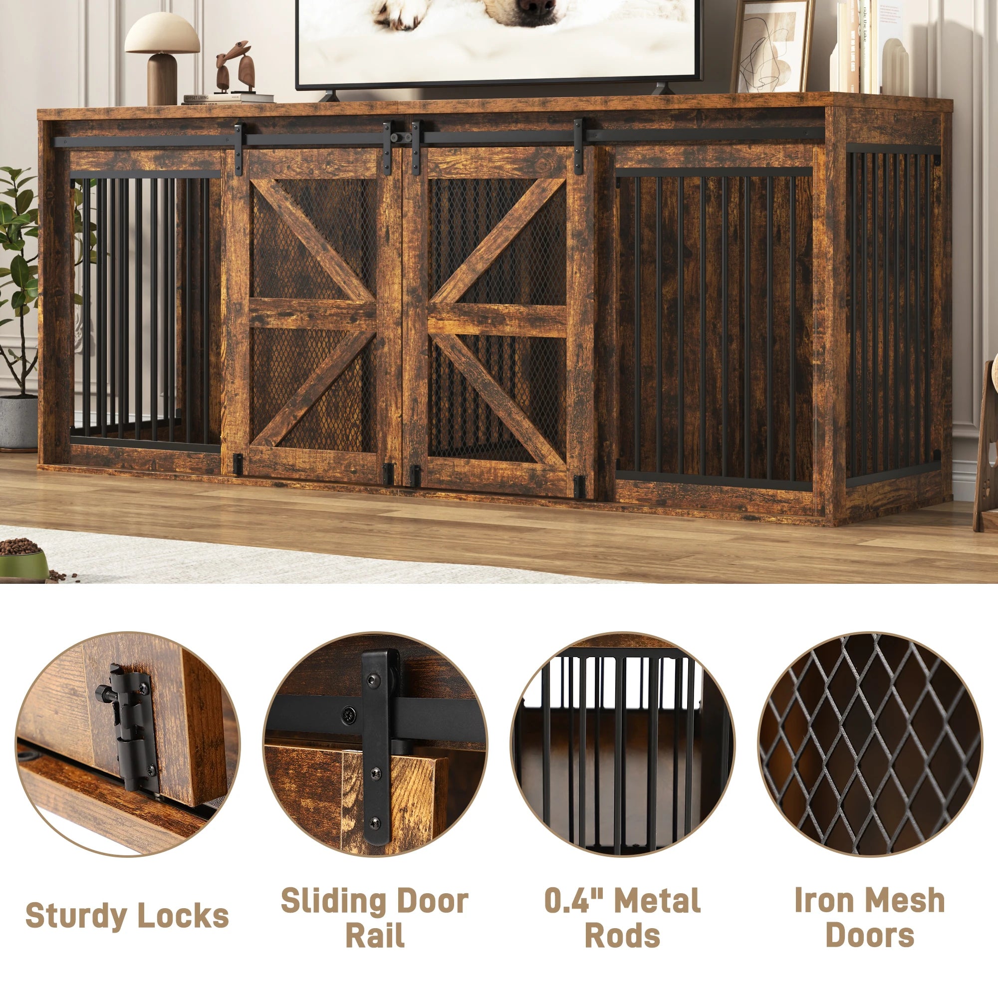 Farmhouse Dog Crate TV Stand, Wooden Dog Kennel Furniture with Sliding Metal Mesh Barn Door, 87'' Large Dog Crate Furniture