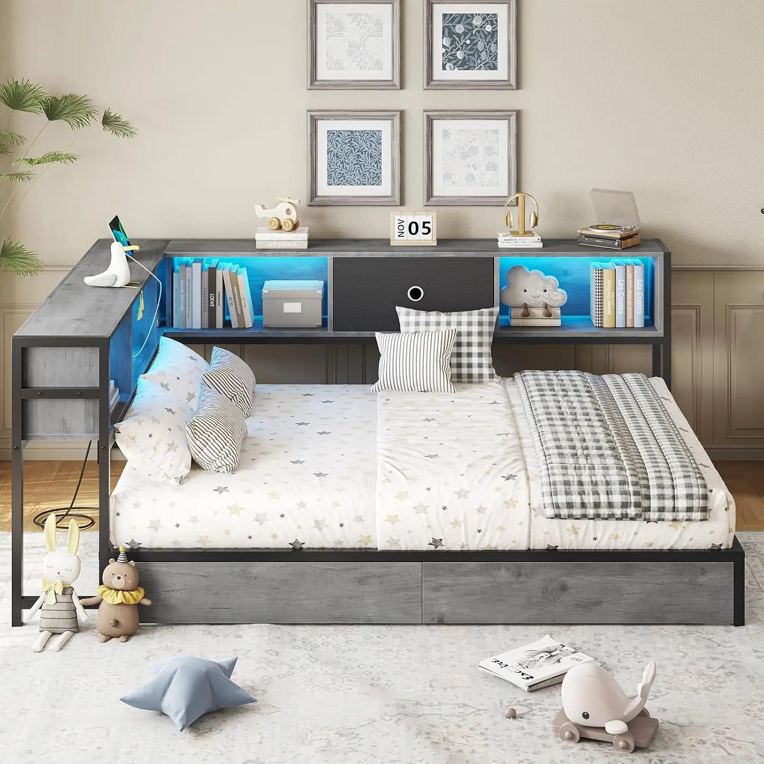Corner Full Bed Frame, Bookcase Storage, and Led Lights Full Size Metal Platform Bed Frame with Storage Drawers & Charging