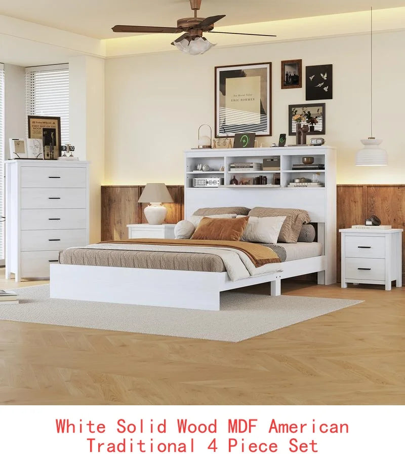 Vintage Queen Bedroom Set, 4 Pieces - Wooden Bed Frame, 2 Nightstands & 1 Dresser in White Finish