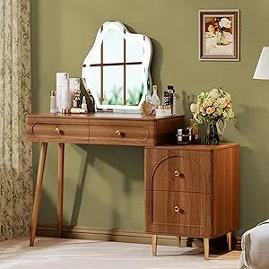 31.5" Brown Stylish Corner Makeup Vanity Table with Lighted Mirror and 4 Spacious Drawers，
