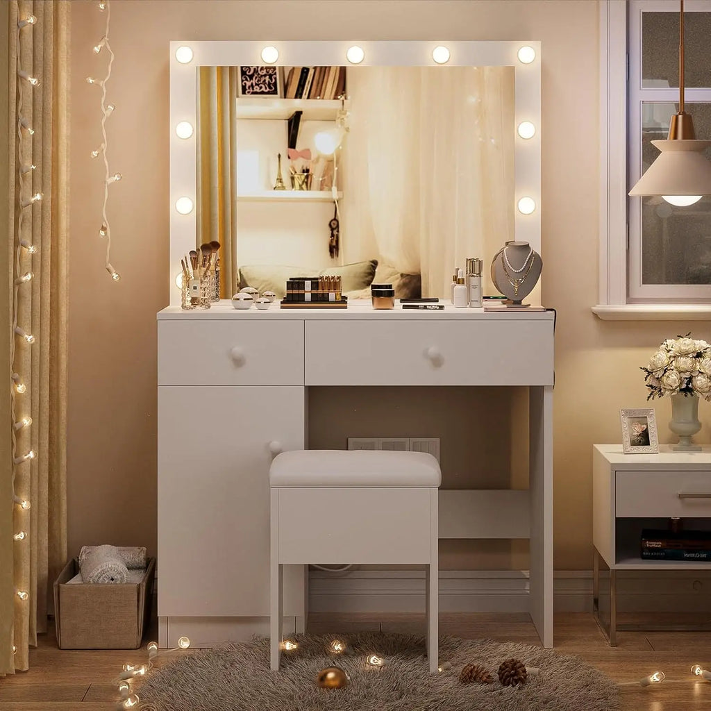 Vanity Desk with Mirror and Lights, White with Power Outlet and 3 Color Light Modes