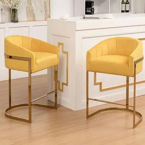 Counter Height Bar Stools Set of 2, Modern 27" H Barrel Counter Stools with Shell Back, Gold Velvet Bar Stools for Kitchen Island