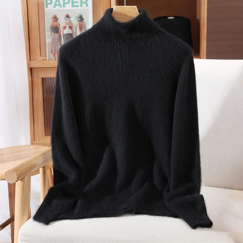 Autumn And Winter 100% Mink Cashmere Sweater, Ladies' High Lapel Solid Color Padded Pullover Wool Knitted Bottoming Shirt