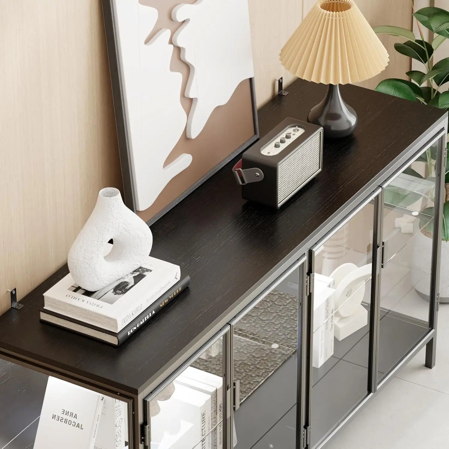 Sideboard Buffet with LED Lights, Glass Doors, Modern Display Cabinet with Glass Shelves, Black Cupboard Credenza