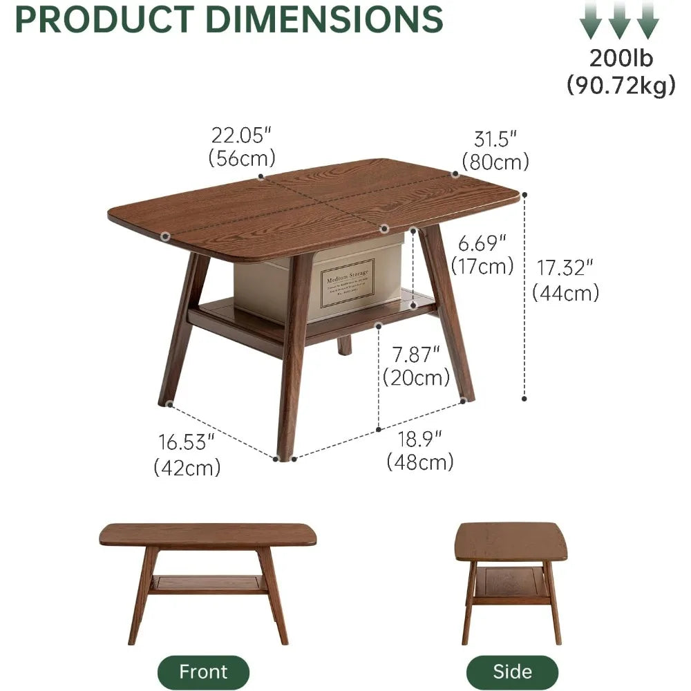 100% Solid Oak Wood Coffee Table for Living Room, 2-Tier Small Table with Storage Shelf, Mid Century Modern Coffee Tables (Walnut)