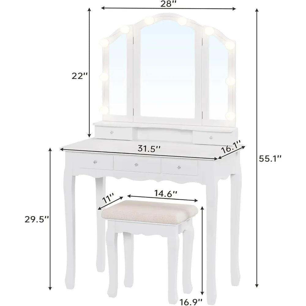 New Vanity Table Set with Lighted Tri-Folding Mirror, Makeup Vanity with Lights & 3 Color Lighting Modes, Vanity Desk/ Mirror