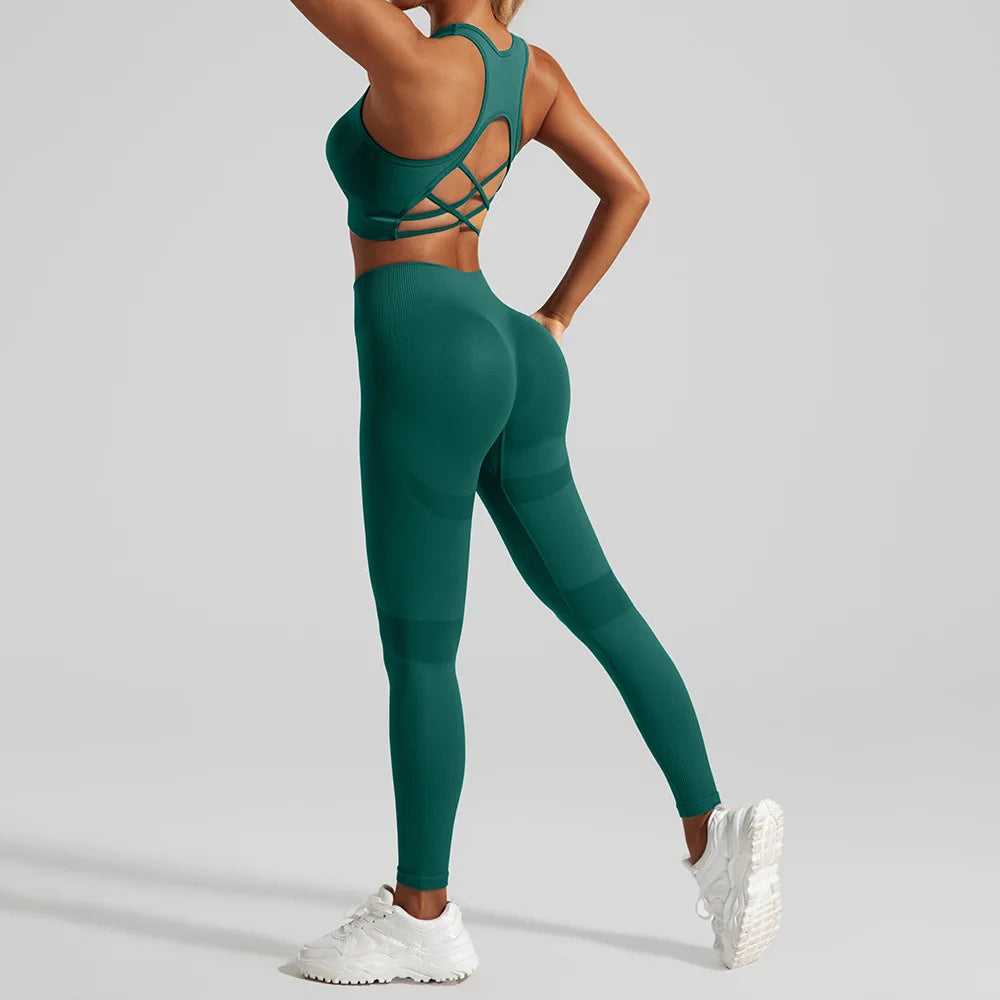 Women's Seamless Workout Set High Waisted Yoga Pants & Sports Bra with Removable Pads Booty Lifting for Running Training