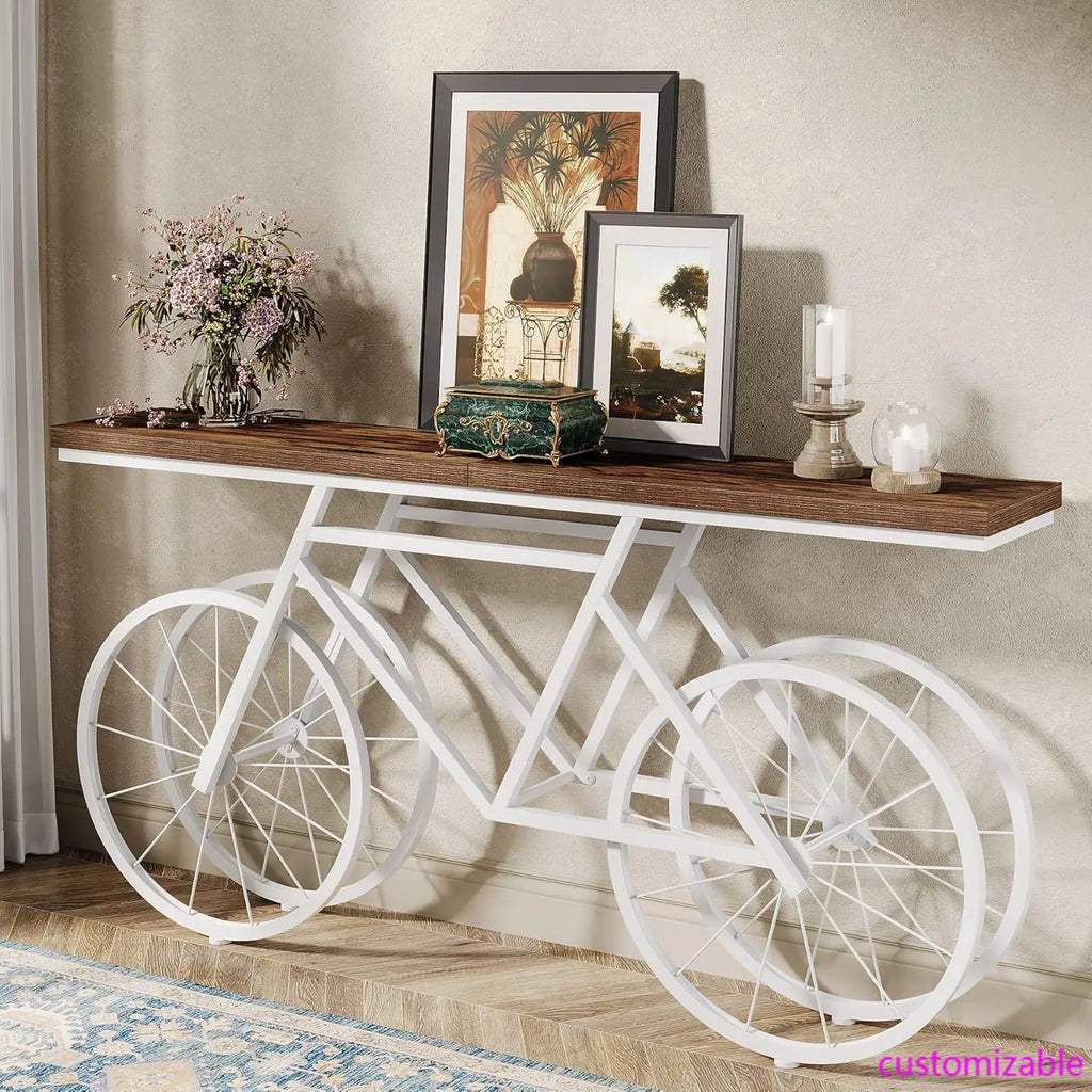 70.9-Inch Extra Long Console Table, Narrow Sofa Table with Bicycle Metal Base, Modern Industrial Entryway Table for Living Room
