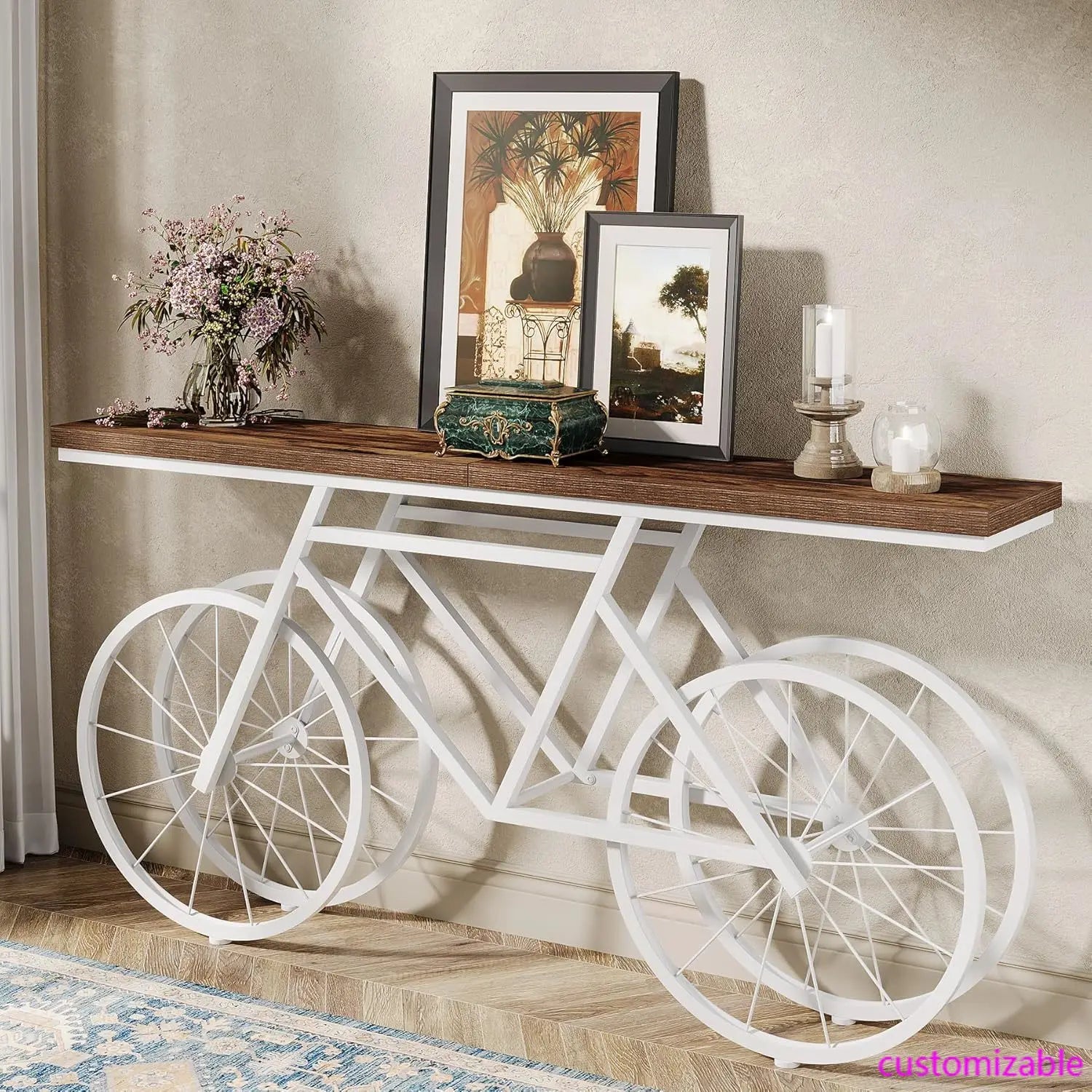 70.9-Inch Extra Long Console Table, Narrow Sofa Table with Bicycle Metal Base, Modern Industrial Entryway Table for Living Room