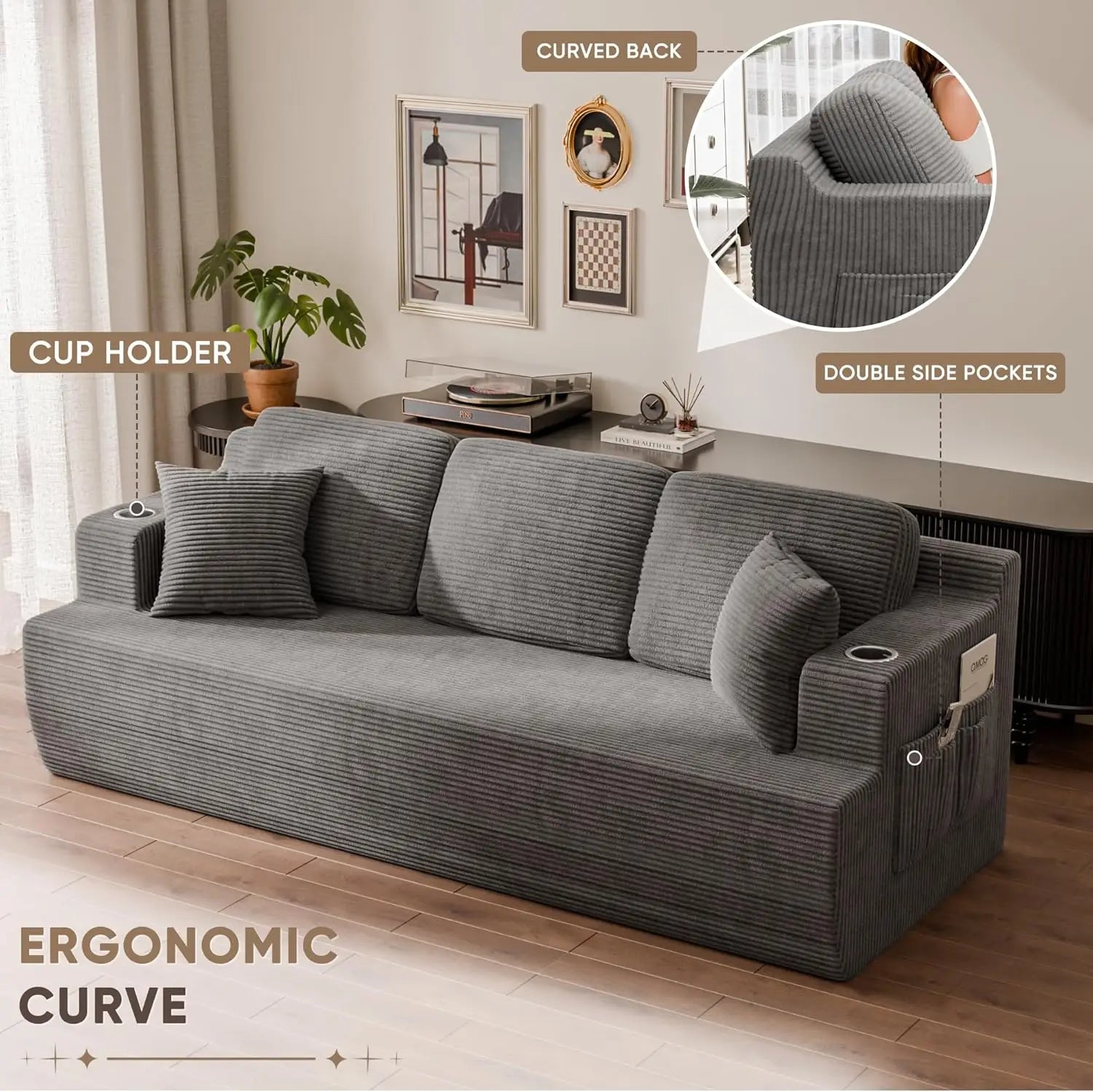 87” Boneless Sofa Couch with 2 Pillows Extra Deep Seats, Corduroy Fabric 3 Seater Sofa for Living Room with Cup Holder