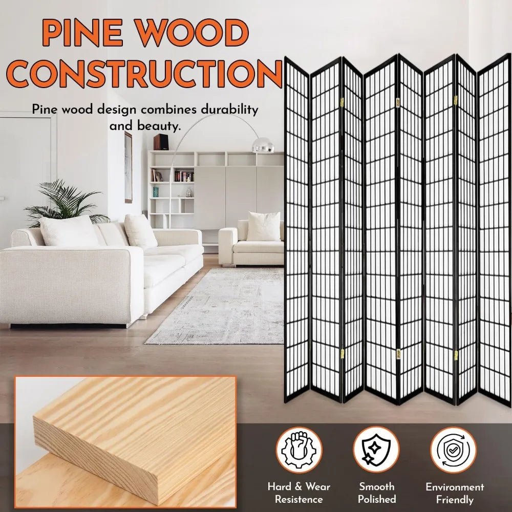 8 Panels Room Divider Privacy Screen Partition Shoji Style Black Finish 71" High x 140" Wide