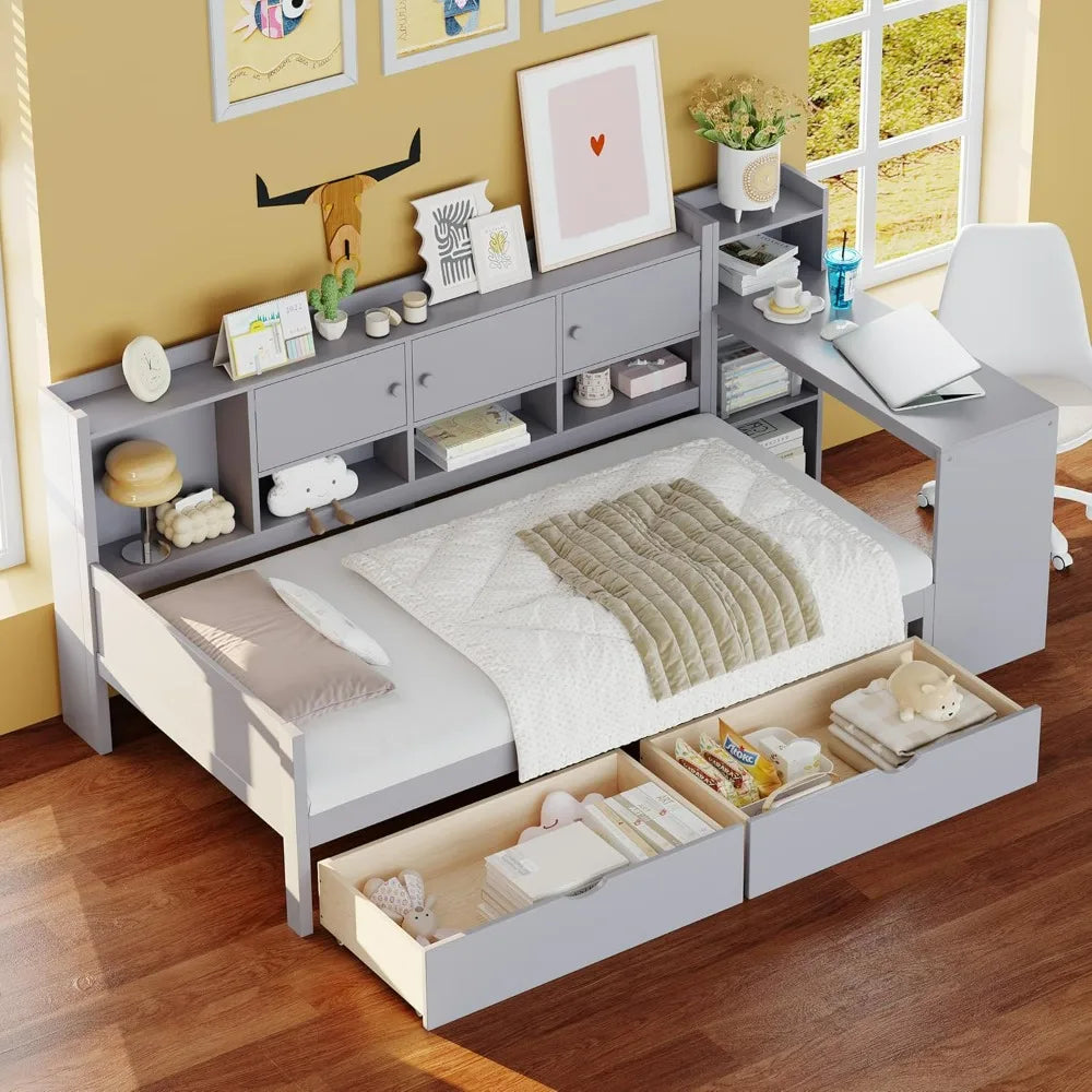 L-Shaped Wooden Daybed with Storage, Desk, and Bookshelf for Twin-Size Multi-Functional Use