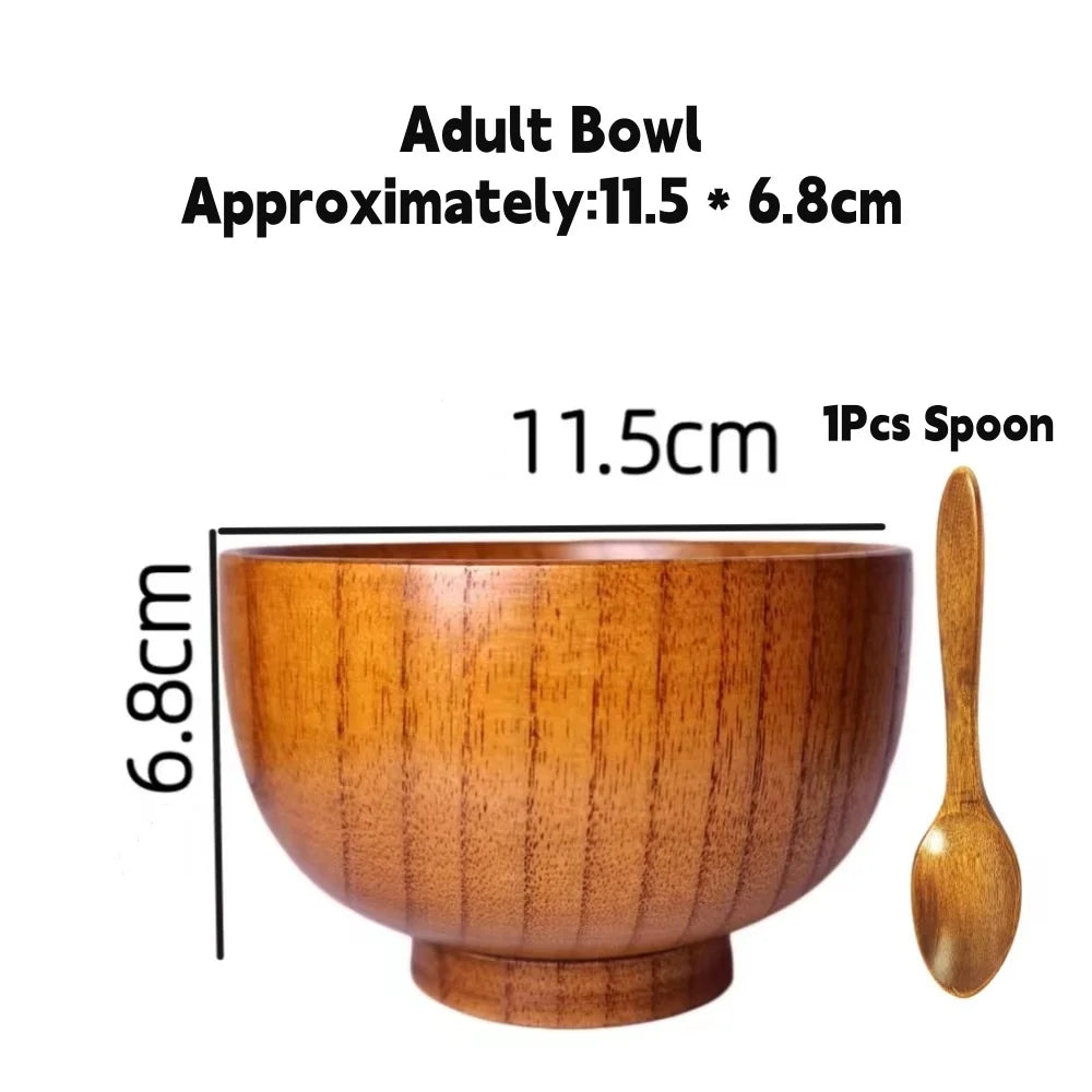 Kitchen Natural Wooden Soup Bowls,Round Fruit Salad Rice Bowls,With Spoon Set Food Containers Bowls,Large Tableware Noodle Bowls