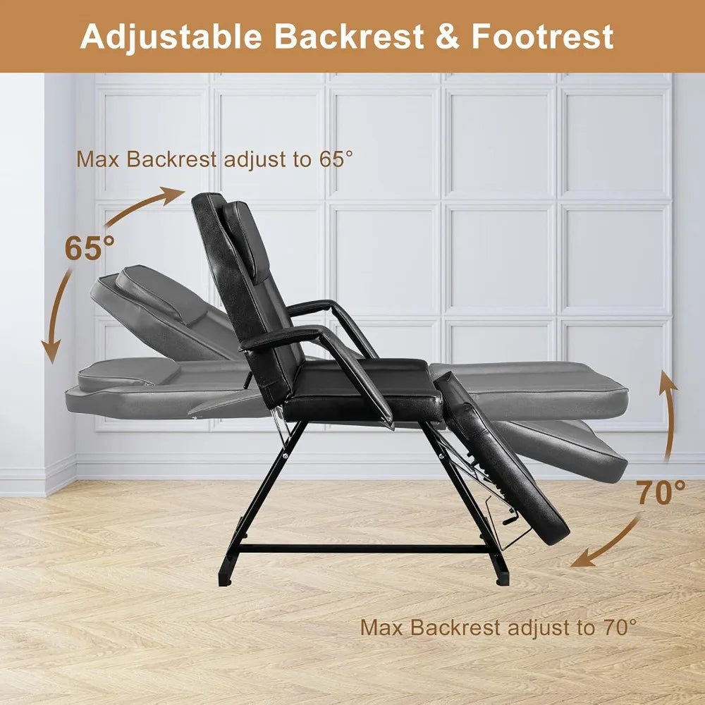 Hydraulic Adjustable 3-Section Salon Spa Massage Tattoo Chair Bed with Stool, Black Beauty Equipment