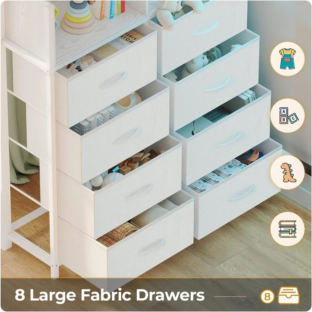 Twin Size Loft Bed with Integrated Desk, Eight Storage Drawers, Metal with Twin Mattress, LED Lights, and Charging Station