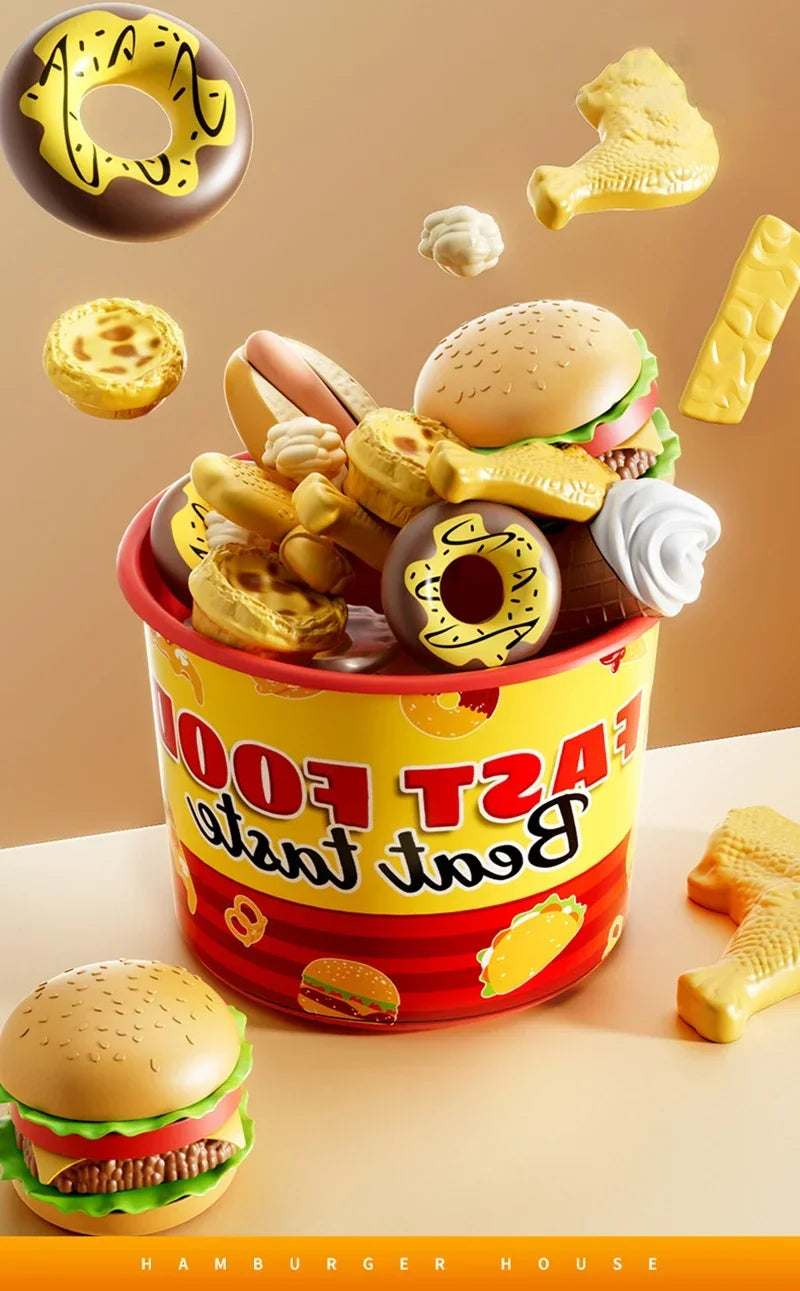 Kid Kitchen Toy Set /Simulation/ Make Hamburgers, Pizza, Fries, Pretend Play Food Cooking/ Cutting Game/ Montessori Interactive Toy Gift