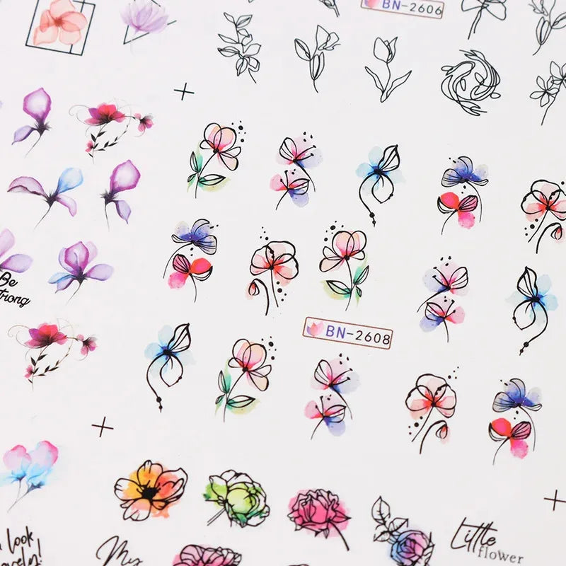 12 Pcs Summer Ink Blooming Flowers Nail Art Stickers, Water Decal Leaves /Graffiti Slider Nail Decoration