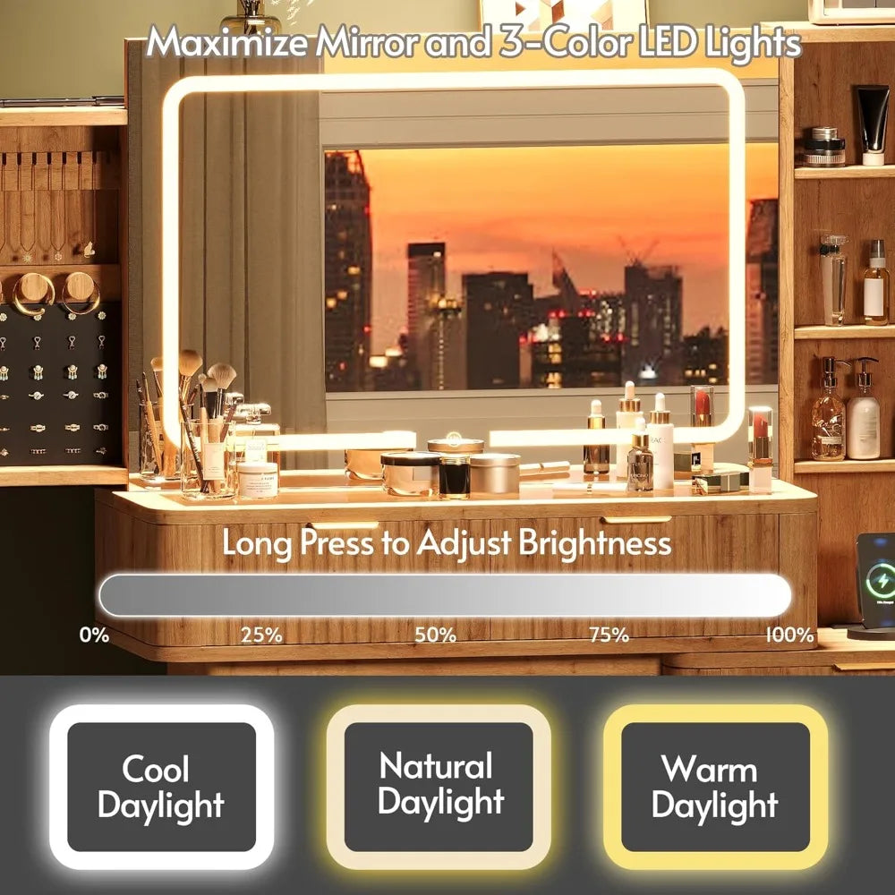 Elegant 48-inch Wooden Makeup Desk with Clear Glass Top, Illuminated Vanity Mirror, and Wall-Mounted Jewelry Holder