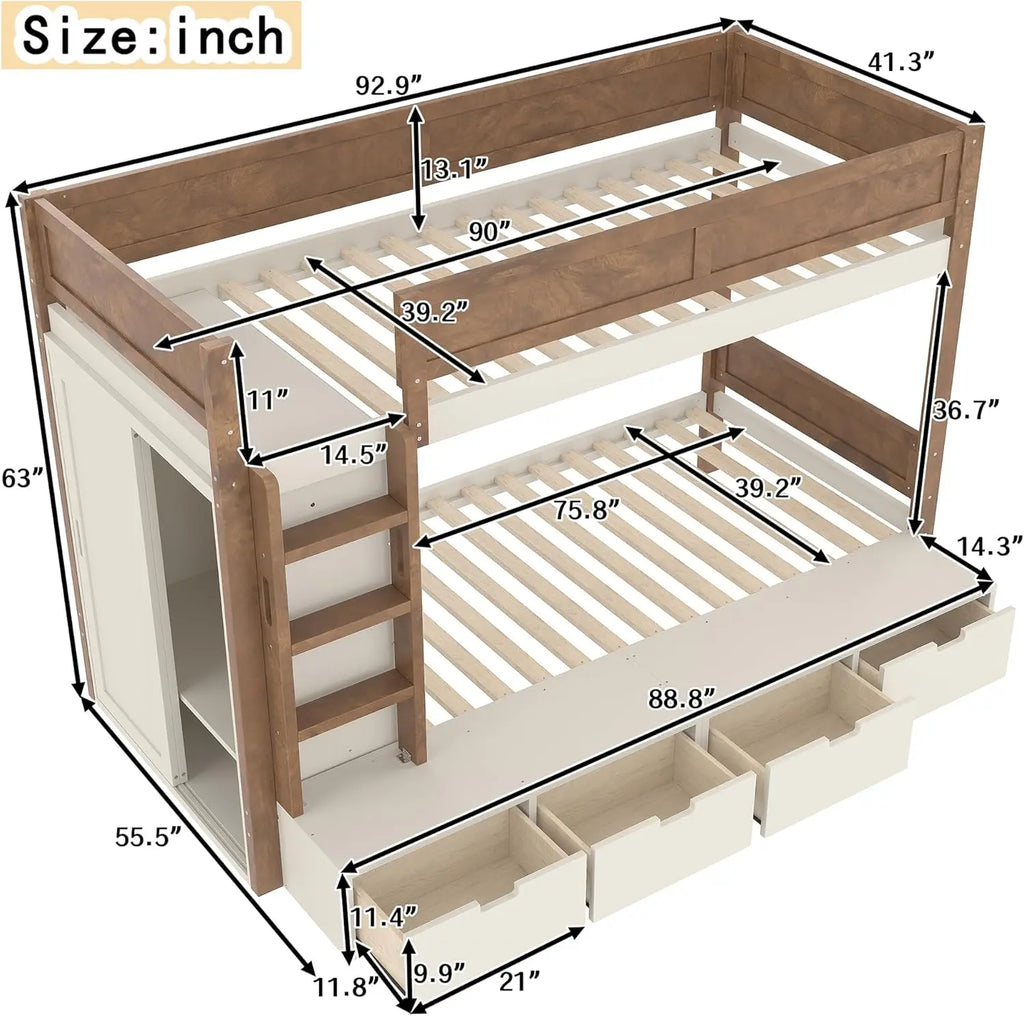 Twin Over Twin Bunk Bed with 4 Drawers for Kids, Wood Twin Bunk Beds with Wardrobe and Full-Length Guardrails, Beige+Natural