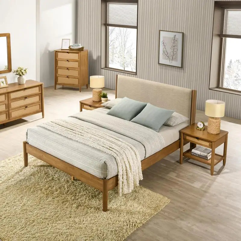 6-Piece Rubberwood Bedroom Set with Textured Polyester Queen Bed, Dresser, Mirror, Nightstand & Chest