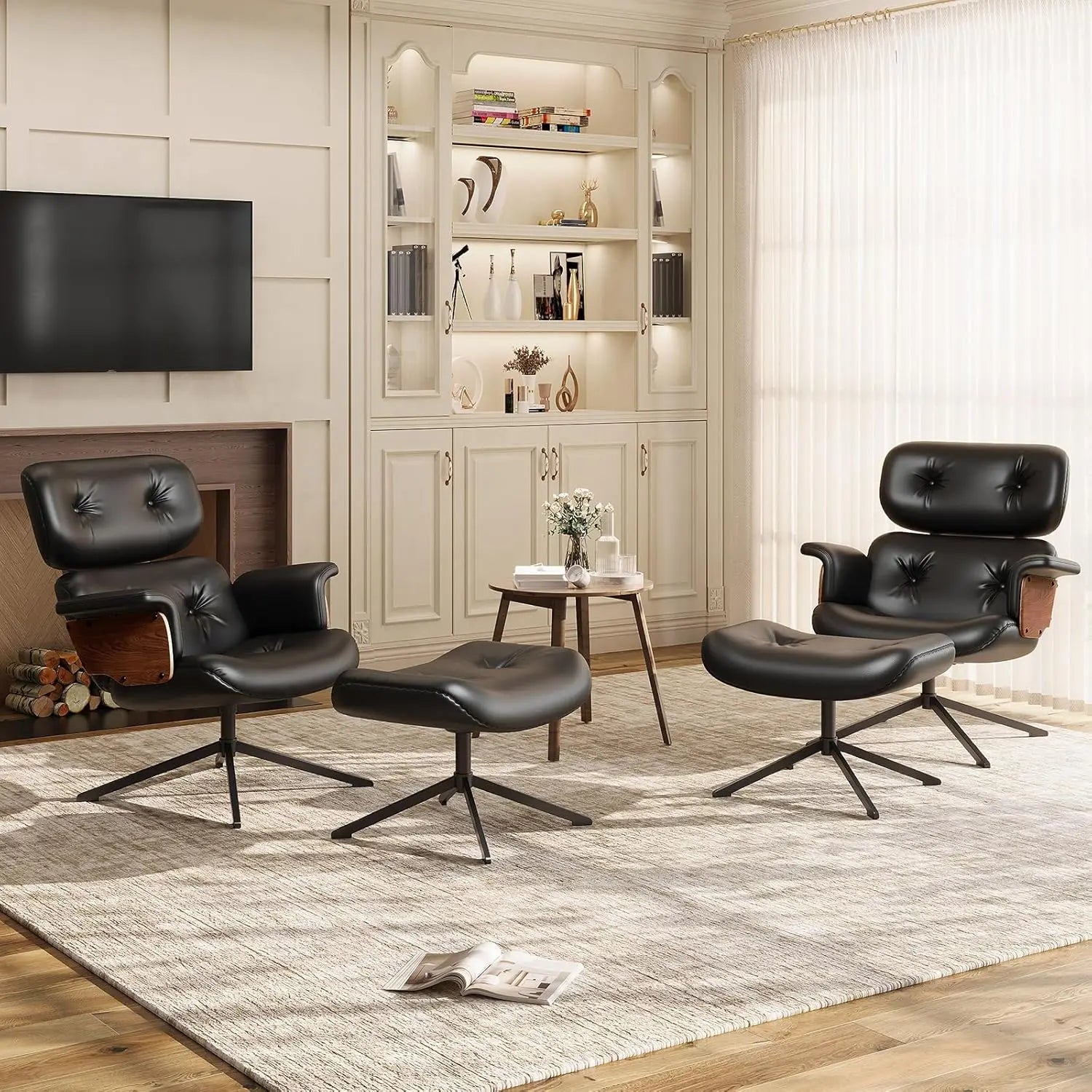 Mid Century Reclining Swivel Chair with Ottoman, Ergonomic Armchair with Comfy Cushion, Walnut Wood Base, PU Leather