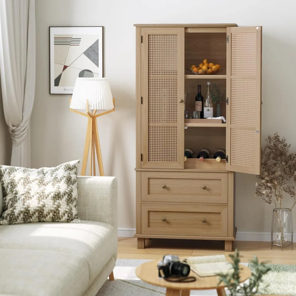Kitchen Pantry Storage Cabinet, Tall Cabinet with Rattan Doors and 2 Drawers, Freestanding Cupboard, Adjustable Shelves, Utility