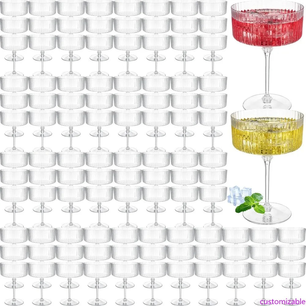 100 Pack Ribbed Martini Glasses - 10 oz Disposable Plastic Vintage-Style Ribbed Coupe Glasses for Cocktails and Desserts