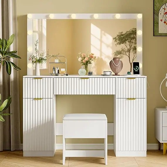 Vanity Desk with Large 42" Mirror and Lights, White Fluted Makeup Table Set with Storage Drawers, Power Outlet & Stool