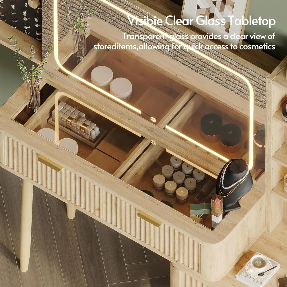 Elegant 48-inch Wooden Makeup Desk with Clear Glass Top, Illuminated Vanity Mirror, and Wall-Mounted Jewelry Holder