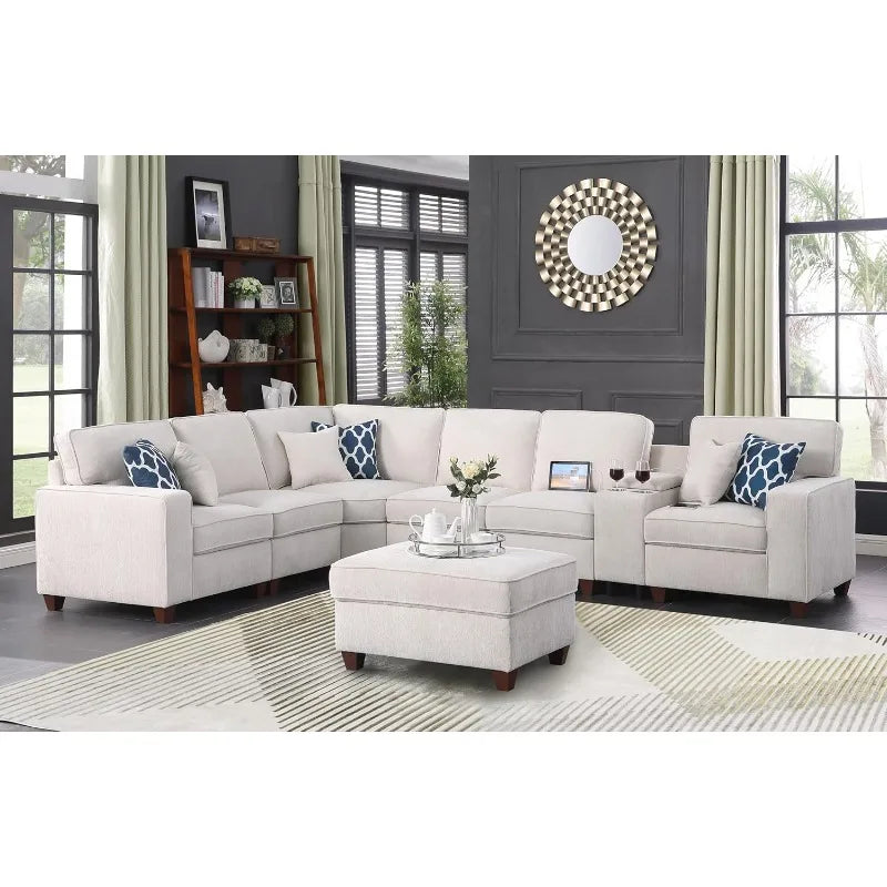 127" L-Shaped Sectional Couch with Movable Ottoman & 6 Throw Pillows ,W/2 Cup Holders ,Beige
