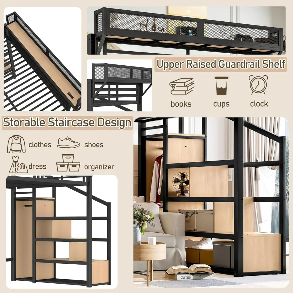 Twin XL Metal Loft Bed Frame with Storage Stairs, Side Shelf, Wardrobe, USB Ports, and LED Light